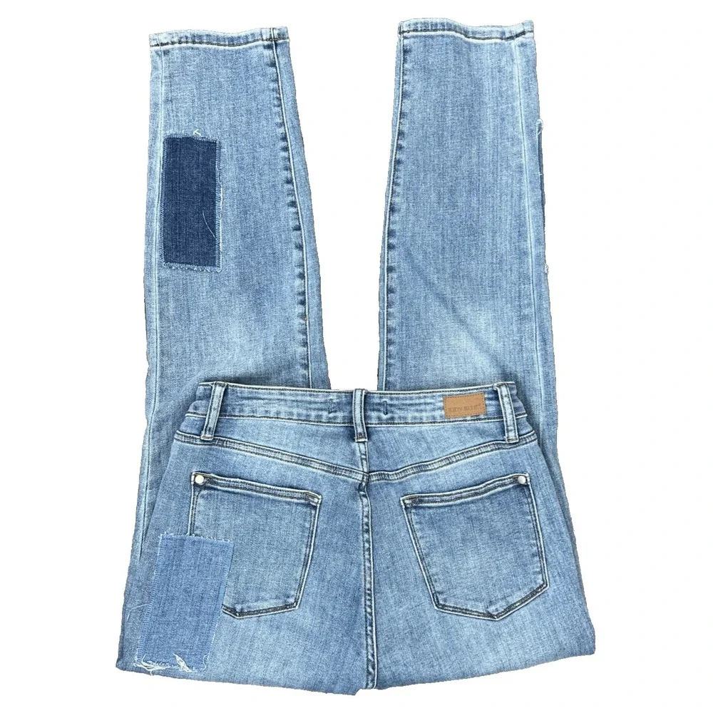 Judy Blue Womens 9 29 Patchwork Boyfriend Jeans Distressed Stretch Denim Blue